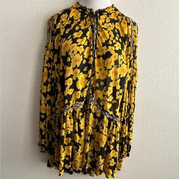Free People Yellow and Black Tiered Sundress with Bishop Sleeves M - Picture 4 of 16